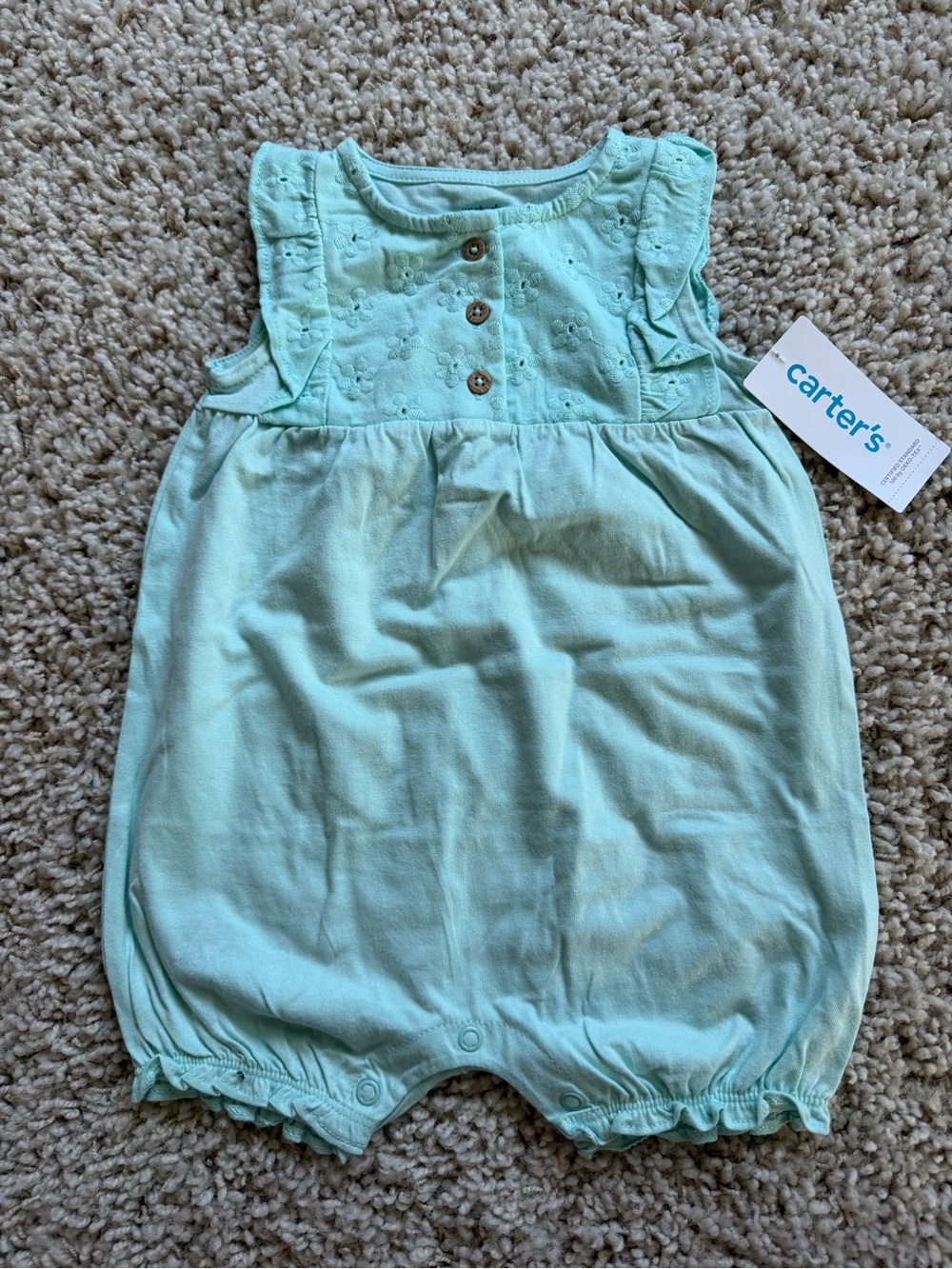 New Baby Girls Carter's Mint Green Eyelet Bubble Romper with Ruffle 12 months